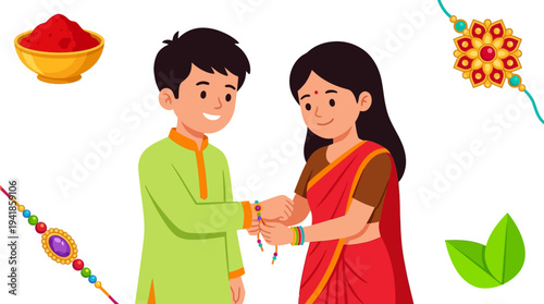 Raksha Bandhan Illustration with Sister Tying Rakhi on Brother's Wrist in Traditional Indian Clothing, Sibling Love and Protection Festival Celebration Concept Vector