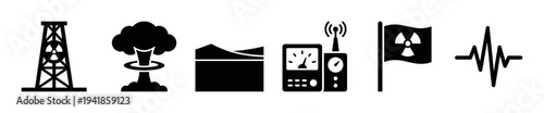 Set of black disaster warning icons featuring a nuclear mushroom cloud, tsunami wave, oil derrick, Geiger counter, radiation flag, and an earthquake seismic wave symbol