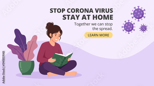 Stay at Home Awareness Banner with Woman Reading a Book to Stop Coronavirus Spread - Flat Illustration