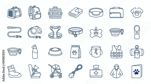 Minimalist line art icons set for design, 25 simple illustrations of baby and pet care items on white background