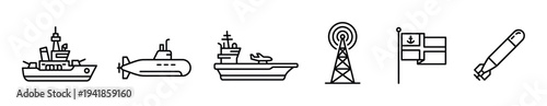 Set of military and naval icons in a minimalist black line art style, featuring a warship, submarine, aircraft carrier, radio tower, anchor flag, and a missile
