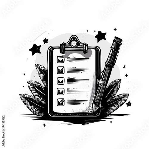 Clipboard Checklist with Fountain Pen Illustration.