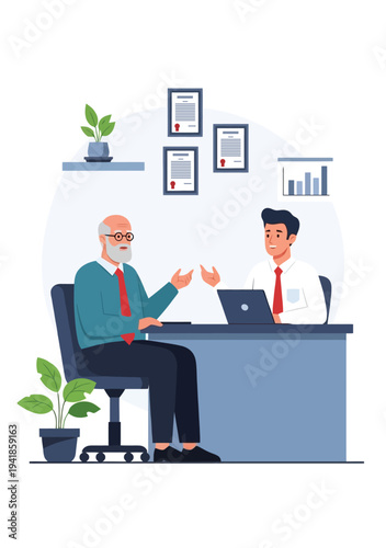 Business Consultation Meeting Between Senior Ad visor and Young Entrepreneur in Modern Office – Vector Illustration
