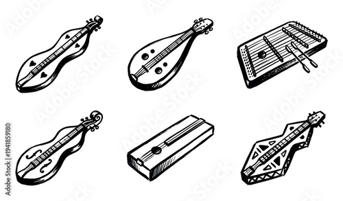 Collection of six hand-drawn folk string instruments in a simple black and white sketch style, featuring various dulcimers, zithers, and lutes for traditional music concepts