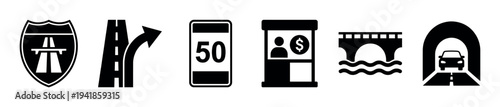 Set of six black road traffic icons representing a highway shield, exit ramp, speed limit sign, toll booth, bridge over water, and a car driving through a tunnel