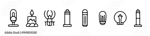 Collection of various lighting objects presented as line icons including lamps, candles, and poles