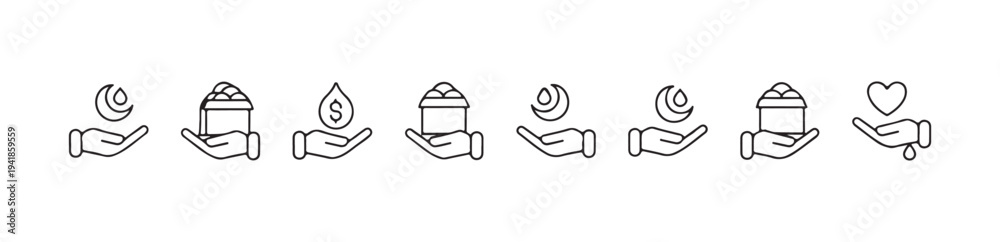 Fototapeta premium Collection of linear icons showing hands giving gifts charity water drops money and religious or natural symbols.