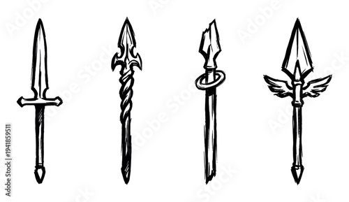 Set of four hand-drawn fantasy weapons including a winged spear, dagger, and ornate arrowheads in a rough black ink brushstroke sketch style for a tattoo design