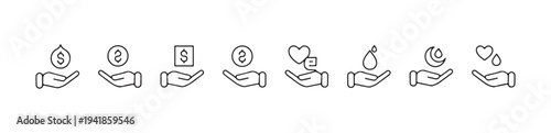 Hand drawn line icons depicting financial donations charity love water and money giving outline concepts.