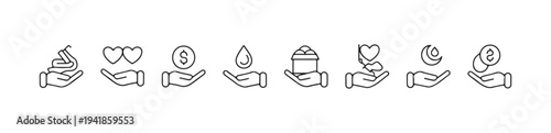 Linear vector icons showing hands holding hearts money water gifts and abstract flowing ribbon elements of care.