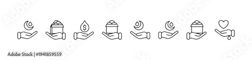 Collection of linear icons showing hands giving gifts charity water drops money and religious or natural symbols.