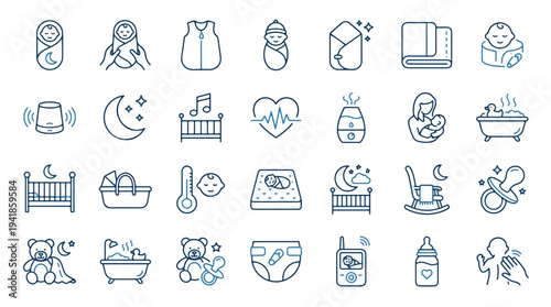 Set of minimalist line art icons for baby and parenting, including nursery, feeding, and childcare symbols in blue on white background