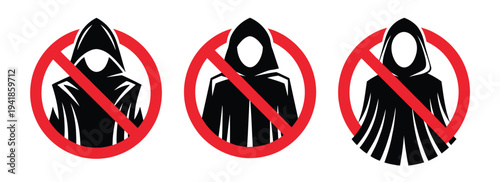 Prohibition clothing signs vector set, black silhouette warning icons showing no capes no anonymity and no magician entry restriction symbols.