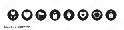 Religious and spiritual symbols including hearts flags candles beads and lanterns on black circles