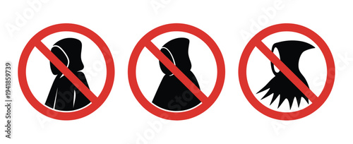 Prohibition clothing signs vector set, warning icons with black silhouettes indicating no capes no masks and no magician costume entry rules.