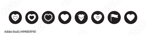 Circle heart and flag icon set with various decorative love shapes and banner symbols on black ink