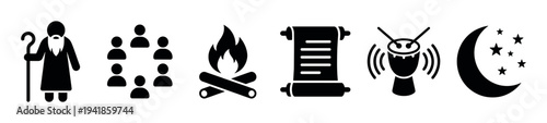 Set of black storytelling icons depicting an elder, community, campfire, ancient scroll, tribal drum, and night sky, representing folklore, tradition, and oral history