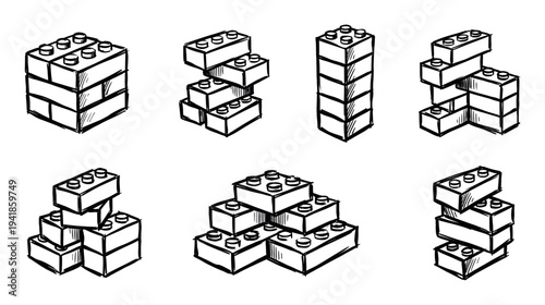Set of hand-drawn toy building blocks arranged in various stacks, towers, and structures, rendered in a simple black and white sketch style for creative concepts