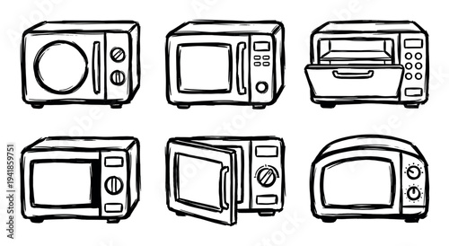 Set of six microwave oven icons hand-drawn in a simple black and white doodle style, illustrating various models of electronic kitchen appliances for cooking and heating