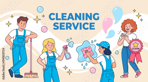 Professional Cleaning Service Banner Illustration with Friendly Staff and Satisfied Customer