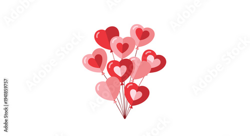 A festive cluster of numerous heart-shaped balloons in various red and pink hues is tied together against a pristine white background.