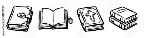 Four stylized hand-drawn black and white books are depicted in a classic sketch art style, showing closed, open, and stacked volumes with a cross and a padlock