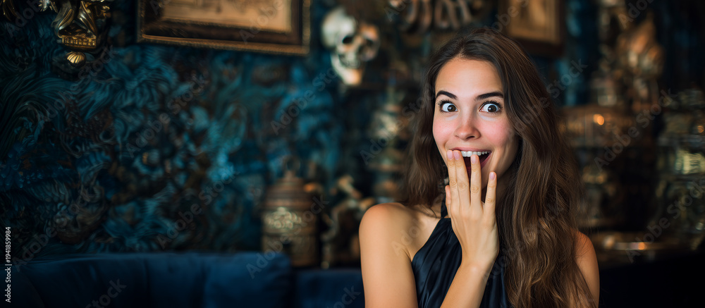 Fototapeta premium Portrait of a surprised young woman covering her mouth with her hand in a luxury vintage interior