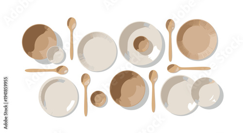 A meticulously arranged flat lay displays various eco-friendly disposable tableware items including plates, bowls, and spoons.