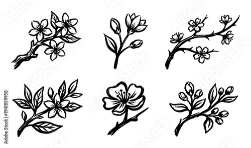 Set of six black ink illustrations of flowering tree branches in a minimalist sumi-e style, drawn with expressive calligraphic brushstrokes showing elegant sakura blossoms