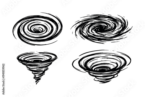 Set of four black ink illustrations depicting tornadoes, hurricanes, and swirling vortex shapes in a dynamic, hand-drawn sketch style with rough brush strokes