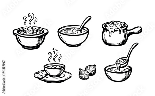 Various hand-drawn black and white soup illustrations showcasing different bowls, a cheesy crock, steaming servings, a spoon, and fresh onions in a charming sketch style