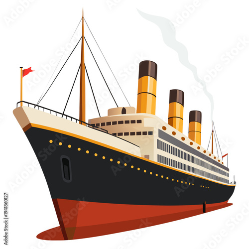 Historic ocean liner ship with four smokestacks on the ocean