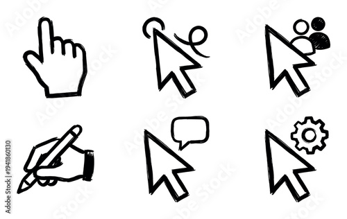 Collection of hand drawn cursor icons in a sketchy doodle style, including pointing hand, arrow, writing, settings, user, and chat symbols for user interface design