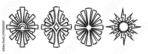 Collection of four black hand-drawn mystical symbols in a rough sketch style, featuring a sunburst, a geometric cross, a radial pattern, and a sun with lightning bolt rays