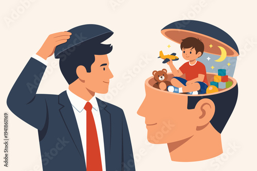 Adult businessman opening a human head to reveal his inner child sitting inside with toys, symbolizing the subconscious mind, childhood memories, imagination, and mental health awareness.