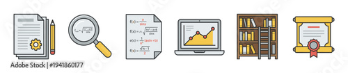 Set of colorful education and research icons including documents, a magnifying glass, formulas, a laptop with a graph, a bookshelf, and a diploma in a flat line art style
