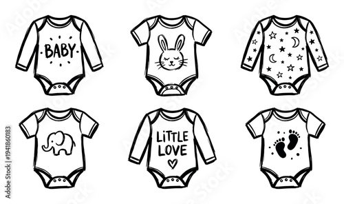 Set of six hand-drawn baby bodysuits with cute prints like an elephant, bunny, and stars, illustrated in a charming black and white doodle sketch style for newborn apparel