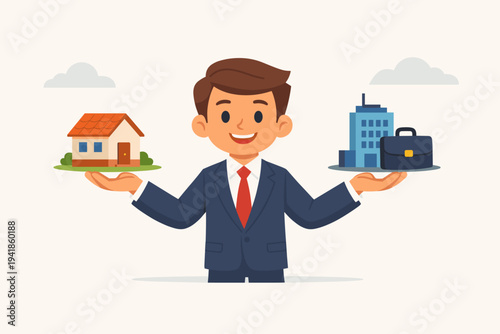 Businessman in a Suit Balancing Work and Home Life, Holding a House and an Office Building with a Briefcase, Concept for Career Choice, Real Estate Investment, and Professional Life Balance