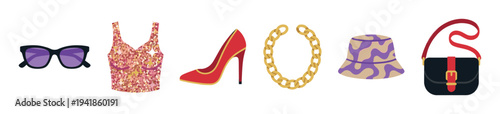 Set of trendy women's fashion items including sunglasses, a sequin top, a red high heel, a gold chain, a bucket hat, and a handbag in a flat vector illustration style