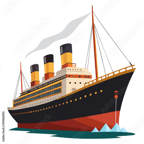 Historic ocean liner ship sailing through icy waters