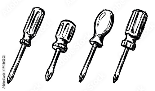 Four black and white hand-drawn screwdrivers in a sketchy style, showing a collection of Phillips head tools for repair, construction, and DIY projects in a simple line art illustration