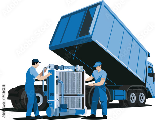 Waste management truck illustration, garbage collection vehicle with workers handling waste disposal and sanitation service for urban environmental management.
