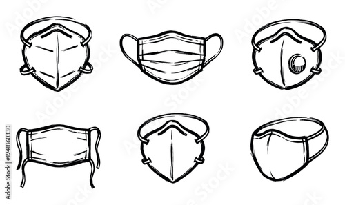 Six different hand-drawn protective face masks are depicted in a graphic, sketch-like style, illustrating various designs for health and safety