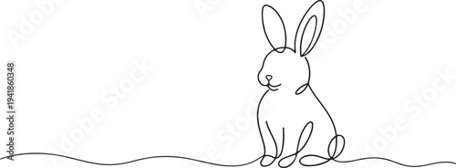 Easter Bunny Line Drawing Cute Rabbit Ears Greeting Banner Minimal Outline Vector Illustration Isolated On White Background