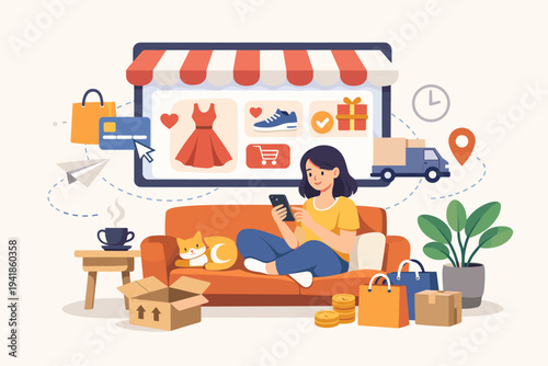 Vector Illustration of a Young Woman Relaxing on a Couch with her Cat while Shopping Online via Smartphone, Featuring E-commerce Icons like Delivery Truck, Credit Card, and Shopping Bags.