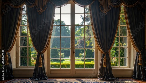 Grand velvet curtains with heavy gold fringe framing a large window with a view of lush gardens