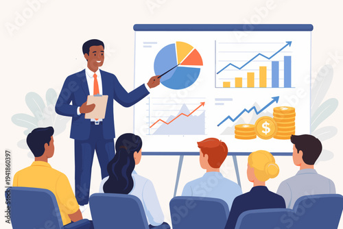 Vector illustration of a professional business coach presenting financial charts and data reports on a whiteboard to a diverse group of employees during a corporate seminar or training session.