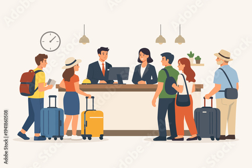 Vector illustration of a hotel reception desk with professional staff greeting travelers. Tourists with suitcases and backpacks are checking in at the lobby counter. Flat design style.