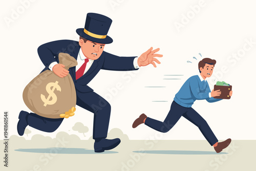 Vector illustration of a wealthy banker in a top hat chasing a scared man holding a wallet, representing economic inequality, corporate greed, financial pressure, and the widening wealth gap