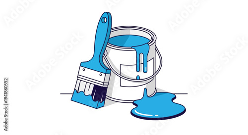 Blue paint bucket with paintbrush and spilled paint on a white surface